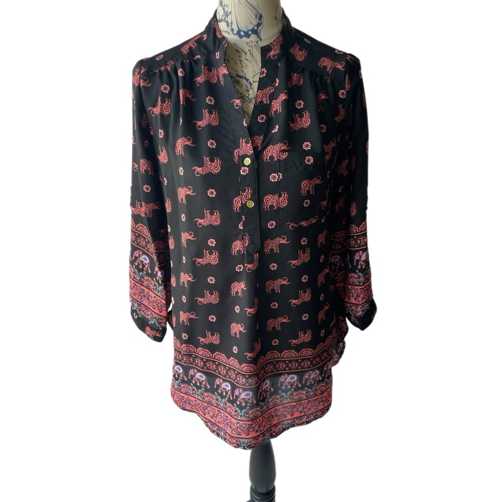Wishful Park Playful Elephant Print 3/4 Sleeve Blouse Women’s Size L